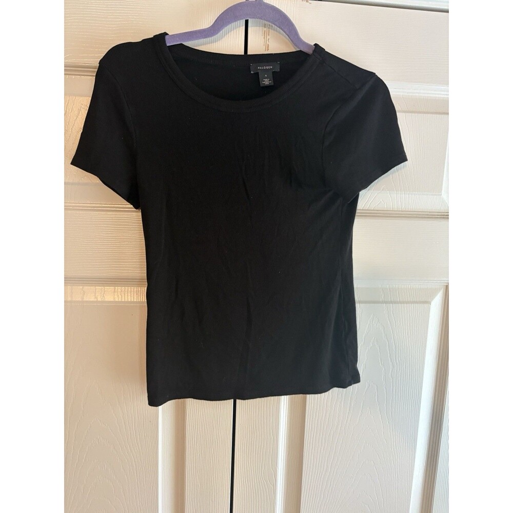 Halogen Black Ribbed Tee Shirt Women’s Small Fitted Stretch Short Sleeve
